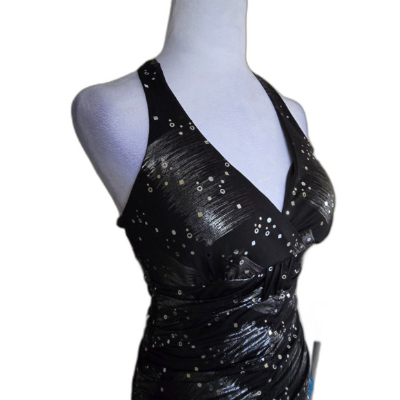 Taboo Black Sequin Ruched Halter Mini Dress Metallic Club Y2K Disco Hoco Prom S - Picture 4 of 8